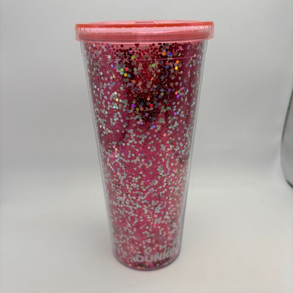 Dunkin Donuts I Love Dunkin Heart Glitter Coffee Cup Missing Straw Pink 24 oz - Picture 5 of 16